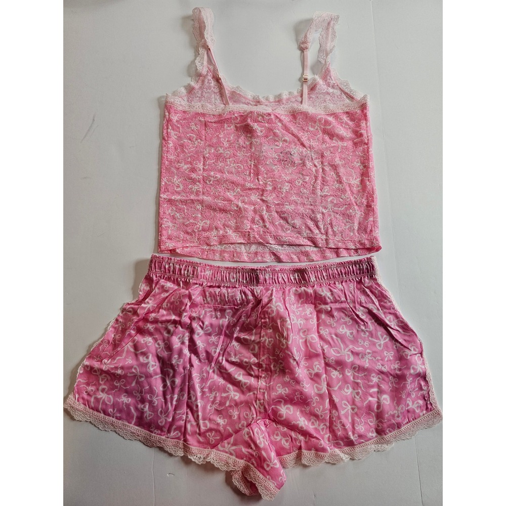 PINK LoveShackFancy Pajama Set Womens M Pink Lace Cami Shorts Coquette - Picture 3 of 8